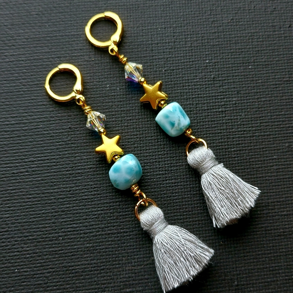 Exquisite Larimar & 24k Brass dangly cute earrings